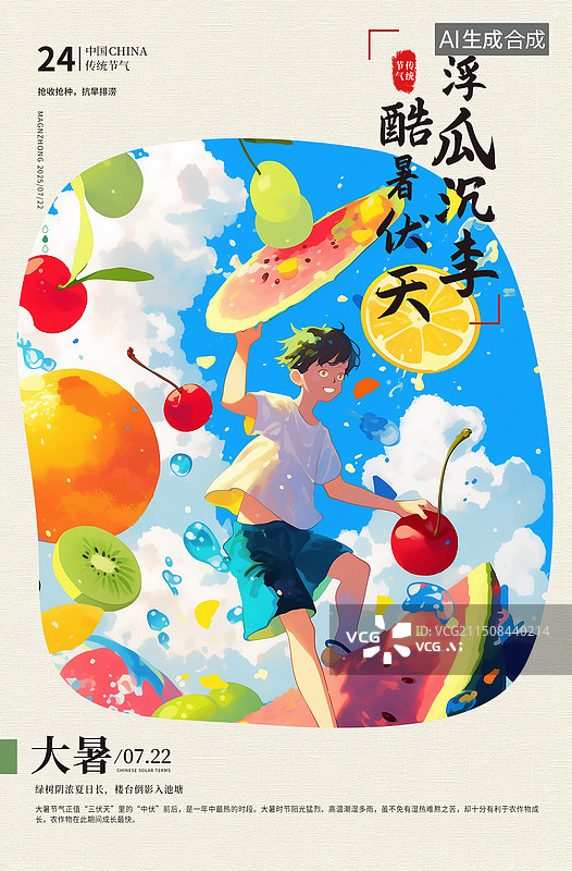 【AI数字艺术】二十四节气系列插画海报模版-夏天-大暑 夏日水果概念插画 创意水果背景 男孩站在水果上跳舞 竖版图片素材