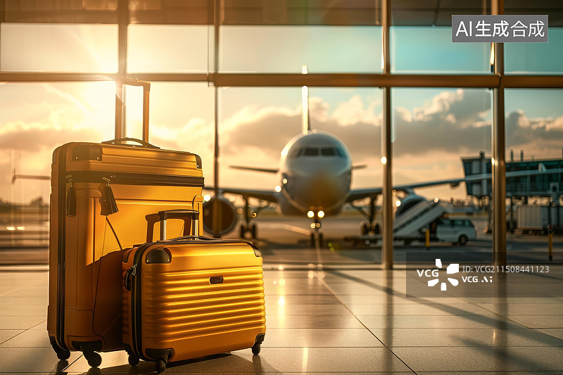 【AI数字艺术】机场候机室内两只橙色的行李箱旅行箱图片素材