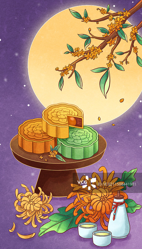 手绘中秋节桂花月饼菊花国风插画图片素材