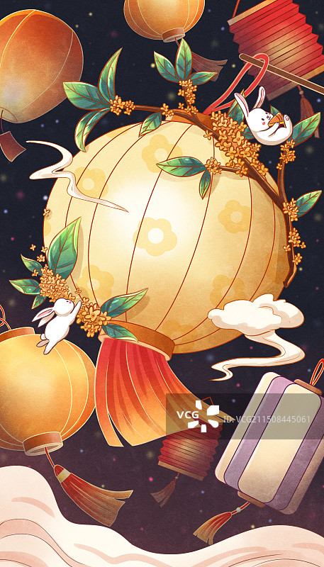 手绘中秋节灯笼玉兔兔子桂花插画图片素材