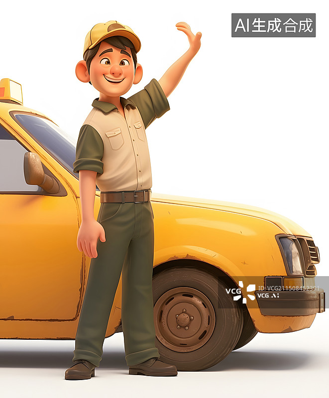 【AI数字艺术】出租车司机3D卡通人物白色背景图片素材