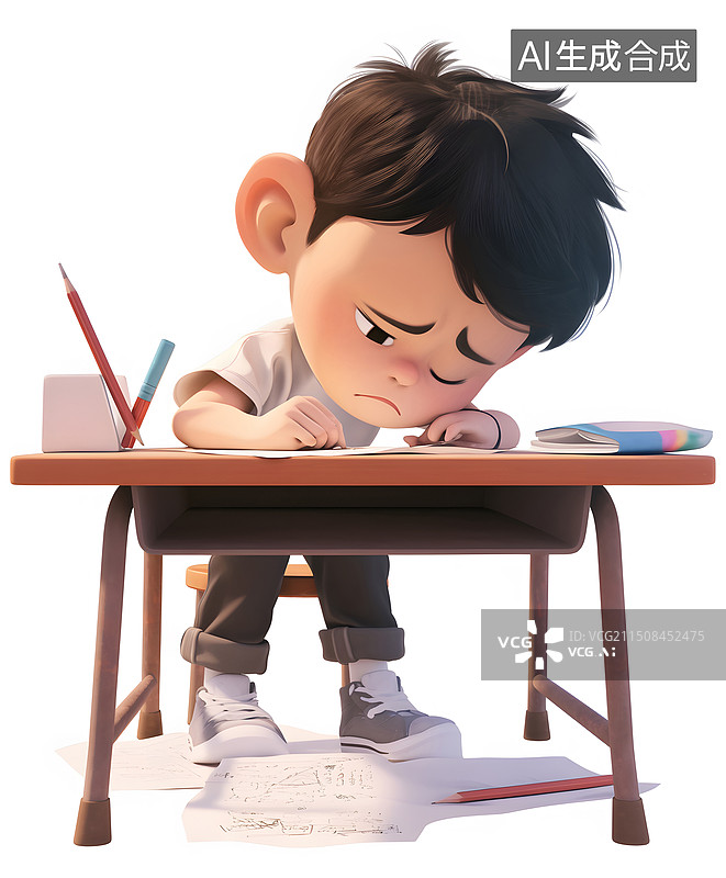 【AI数字艺术】不想写作业的学生3D卡通人物白色背景图片素材