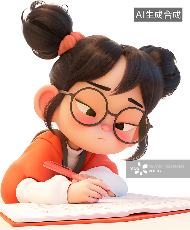 【AI数字艺术】不想写作业的学生3D卡通人物白色背景图片素材