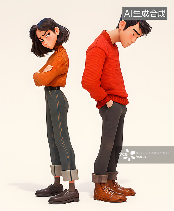 【AI数字艺术】冷战中的情侣3D卡通人物白色背景图片素材