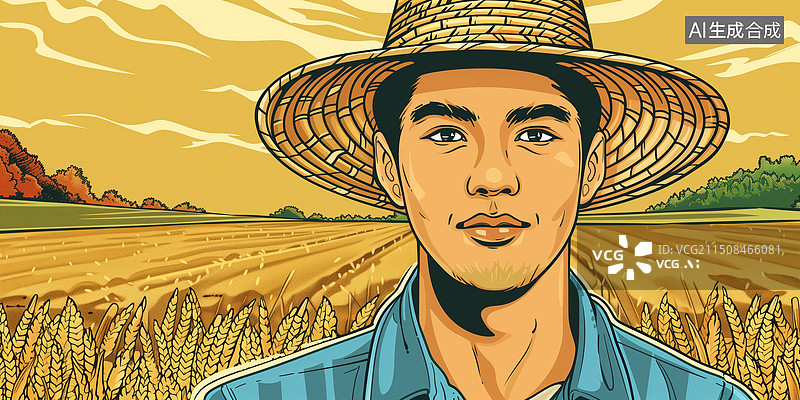 【AI数字艺术】夏天晴朗金黄色麦田里戴草帽的男性农民插画图片素材