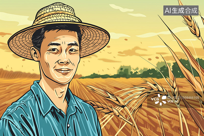 【AI数字艺术】夏天晴朗金黄色麦田里戴草帽的男性农民插画图片素材