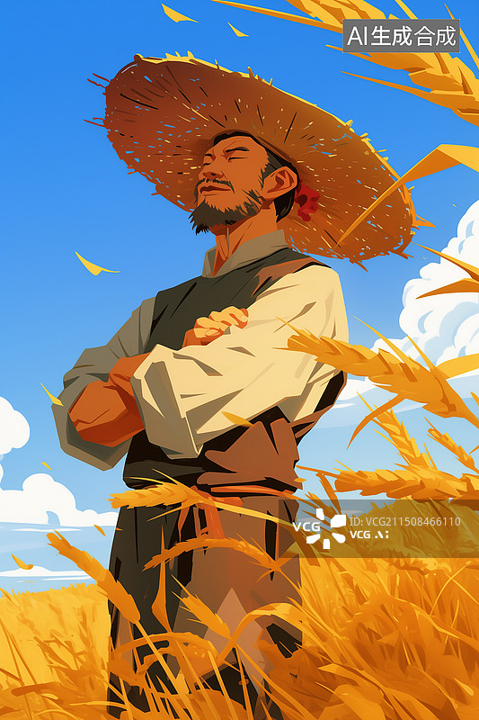 【AI数字艺术】夏天晴朗金黄色麦田里戴草帽的男性农民插画图片素材