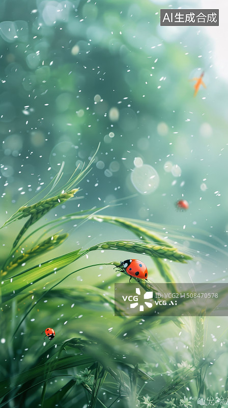【AI数字艺术】二十四节气插画草上的瓢虫图片素材