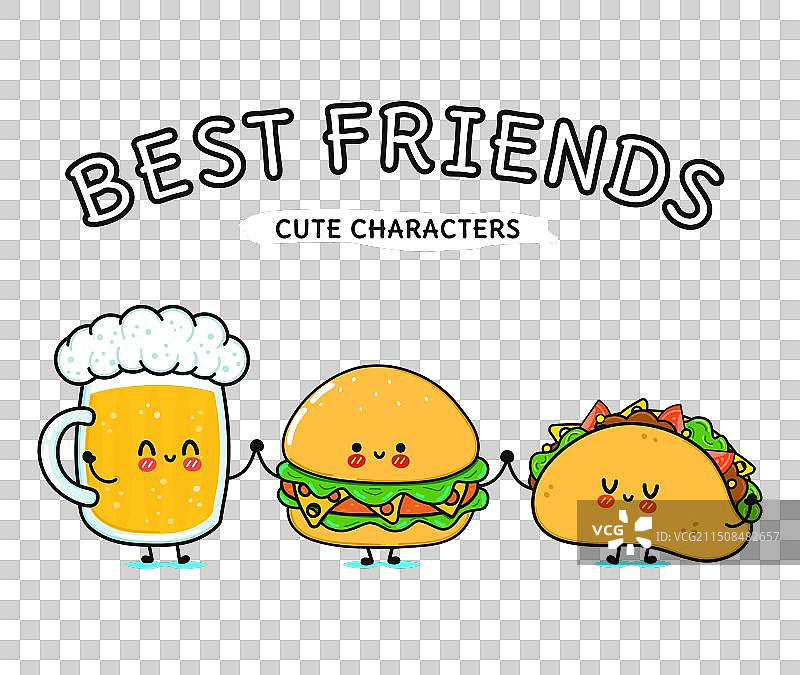 可爱趣味快乐的啤酒杯、炸玉米饼和汉堡图片素材