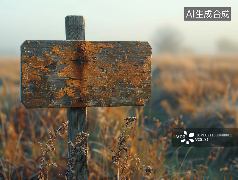 【AI数字艺术】荒野中的空白木头废弃指路牌摄影图图片素材