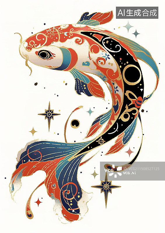 【AI数字艺术】国风插画吉祥物鱼睡莲图片素材