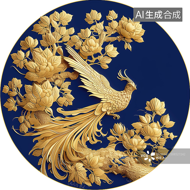 【AI数字艺术】金色凤凰花朵装饰插画图片素材