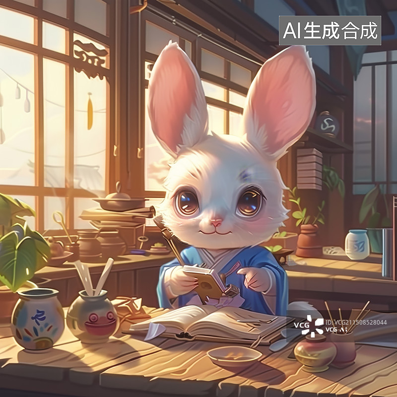 【AI数字艺术】中式庭院里的兔子图片素材