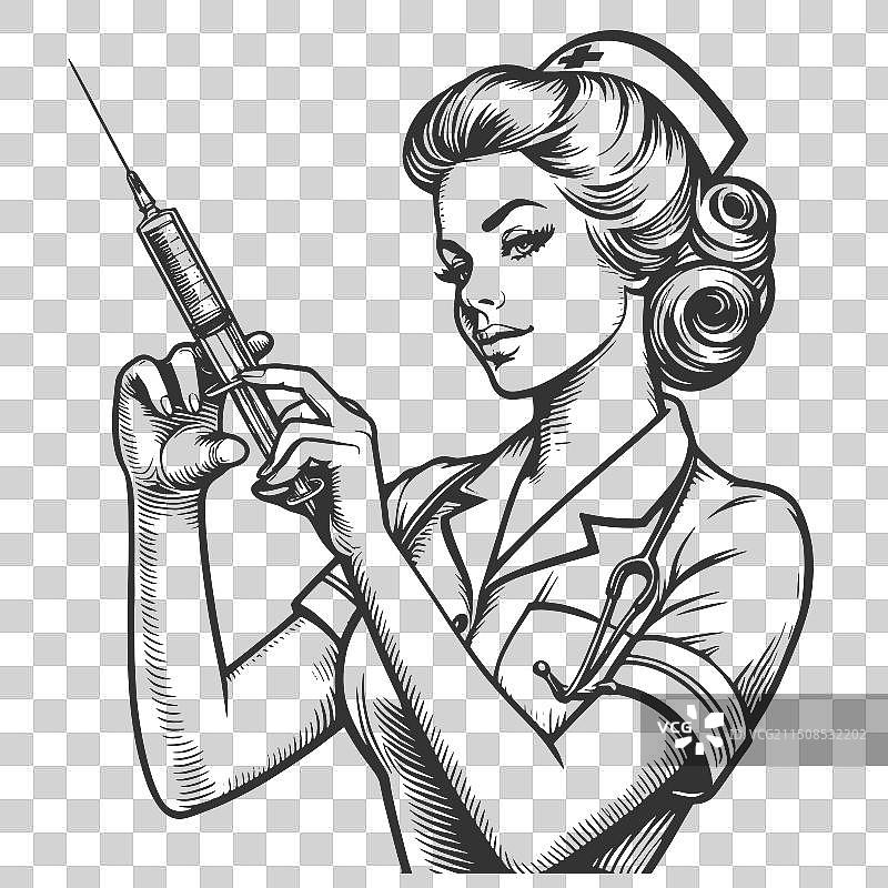 护士、注射器与药瓶手绘图片素材