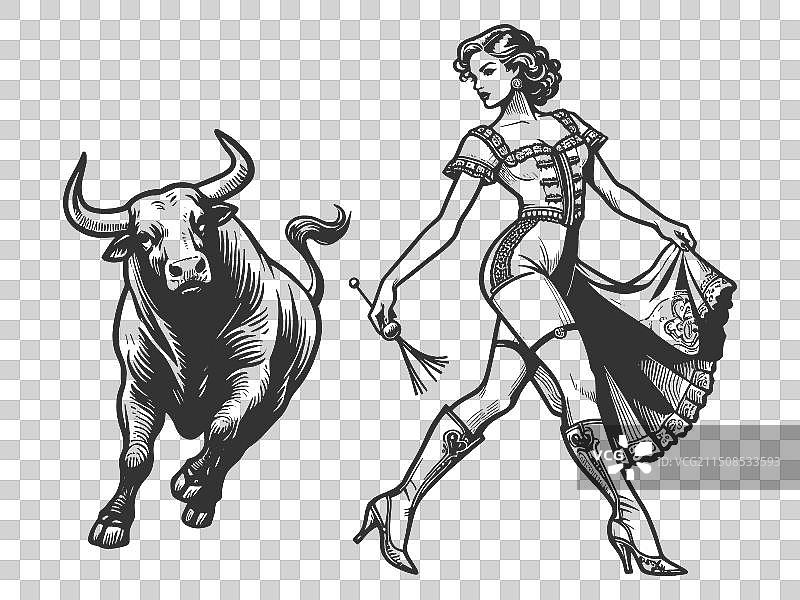 穿着传统服装的女人和牛图片素材