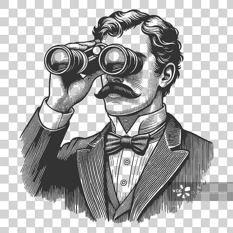 用双筒望远镜观察的复古男人雕刻图片素材