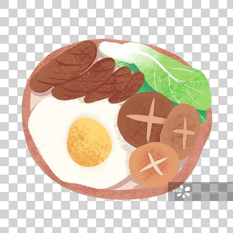 一盘牛肉荷包蛋香菇青菜饭图片素材