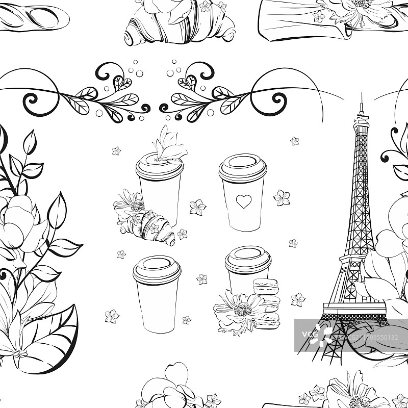 埃菲尔铁塔与鲜花的无缝图案图片素材