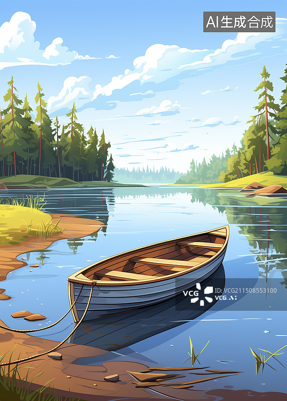 【AI数字艺术】停在河边的小船图片素材