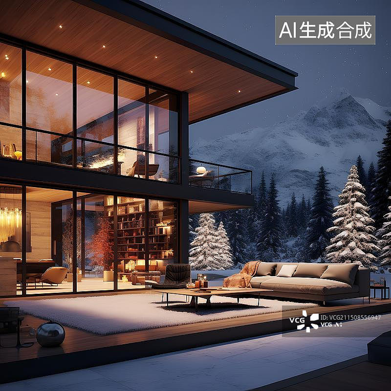 【AI数字艺术】雪山下的豪华别墅图片素材