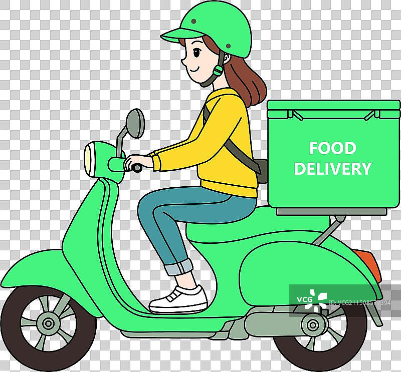 骑绿色摩托车送餐的女人线条图片素材