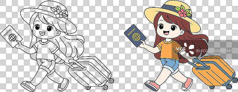 卡通人物：可爱的旅行女孩拖着行李图片素材