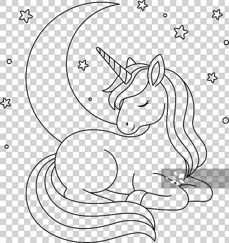 可爱独角兽睡觉填色画图片素材