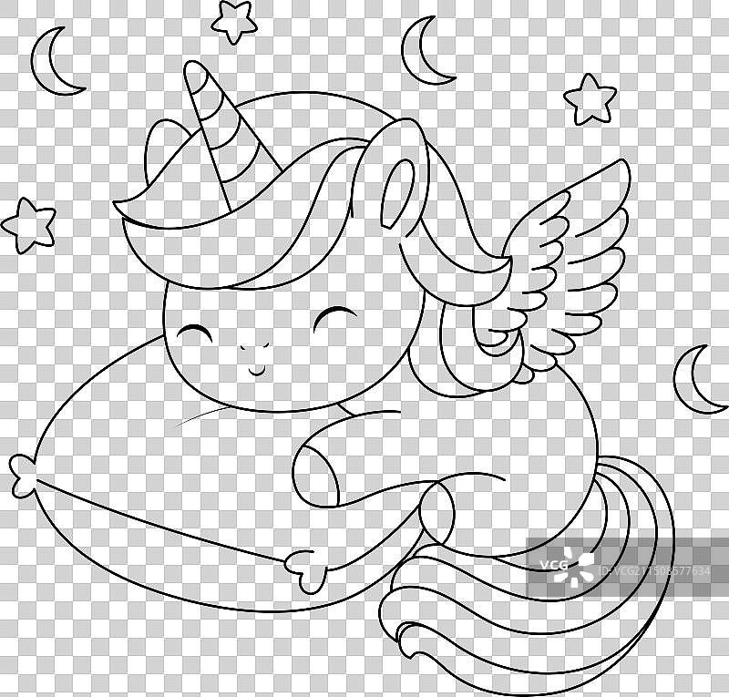 可爱卡哇伊的独角兽睡眠填色页图片素材