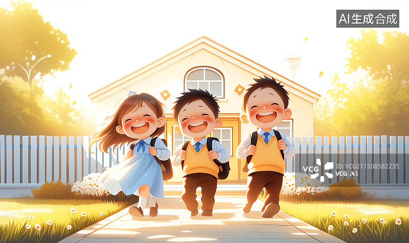 【AI数字艺术】三个学生从校园门口走出来图片素材