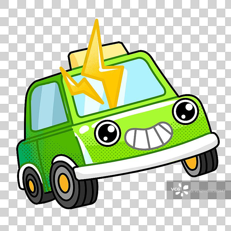 卡通可爱表情绿色环保新能源清洁电动汽车节能减排免抠扁平插画元素图片素材