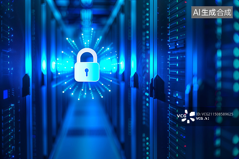 【AI数字艺术】数据中心机房服务器科技背景下的安全图标，网络安全、信息安全、数据安全、机房安全、权限控制概念图片素材