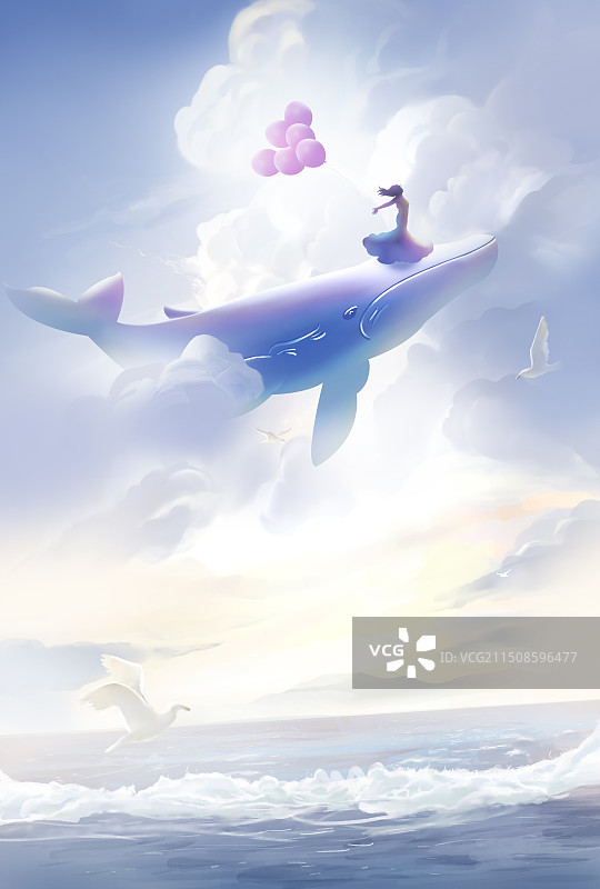 手绘梦幻天空唯美鲸鱼拿气球的孤单女孩图片素材