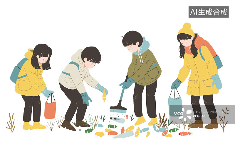 【AI数字艺术】青少年在打扫卫生、清理垃圾，环保、卫生概念图片素材