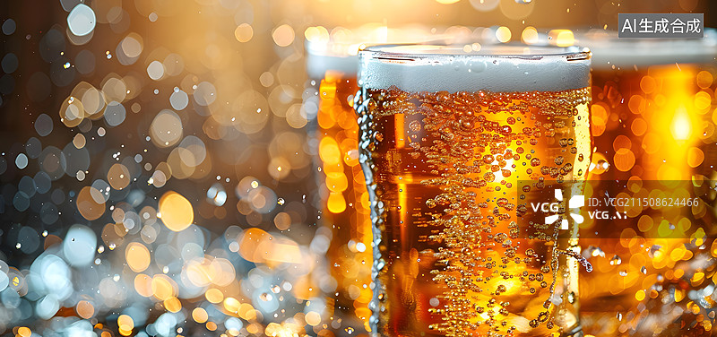 【AI数字艺术】啤酒节的啤酒场景，夏天冰爽的啤酒概念插图图片素材