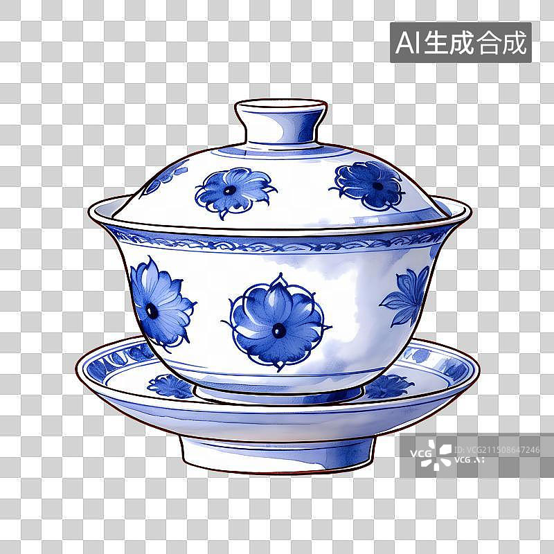 【AI数字艺术】国风手绘插画，一个青花瓷盖碗，茶盏，茶杯茶具，瓷器，茶道，茶文化，喝茶饮茶免抠元素图片素材