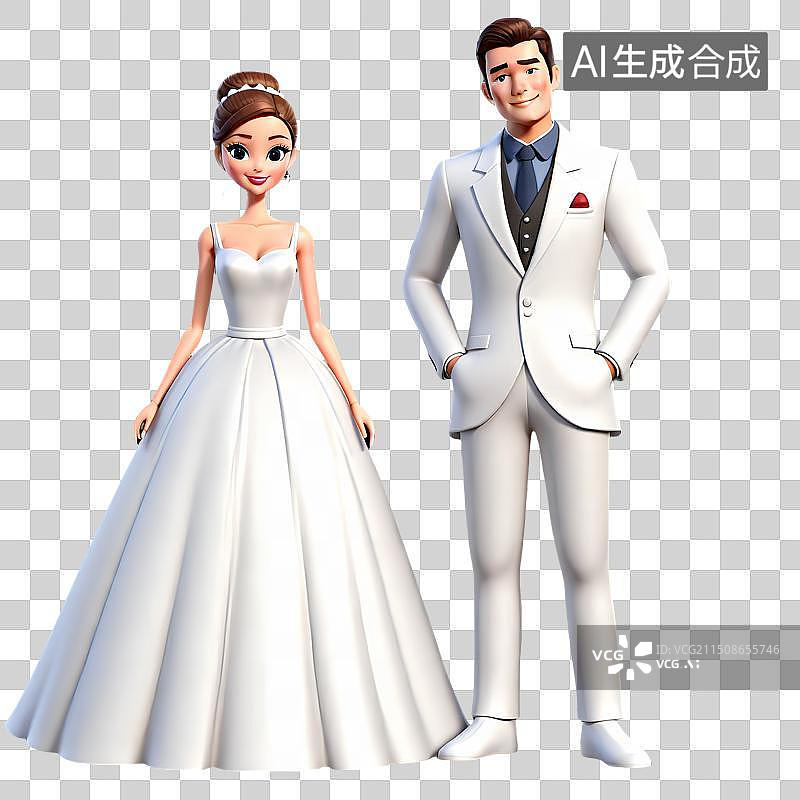 【AI数字艺术】3D渲染，穿着礼服西装婚纱的新郎新娘，婚礼上的新娘和新娘，一对新人，夫妻，免抠元素图片素材
