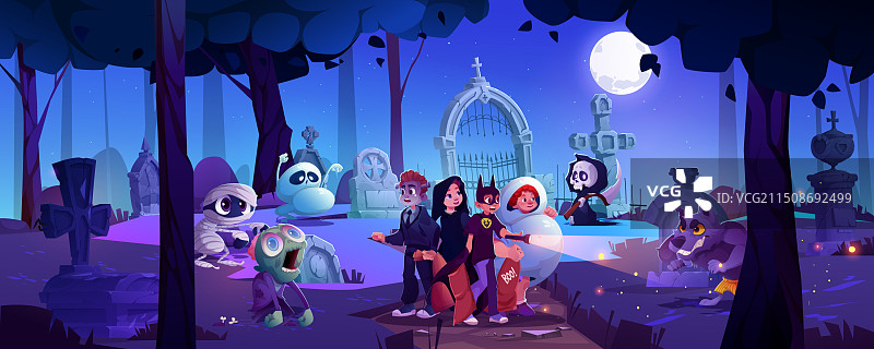 万圣节墓地里的惊恐儿童卡通图片素材