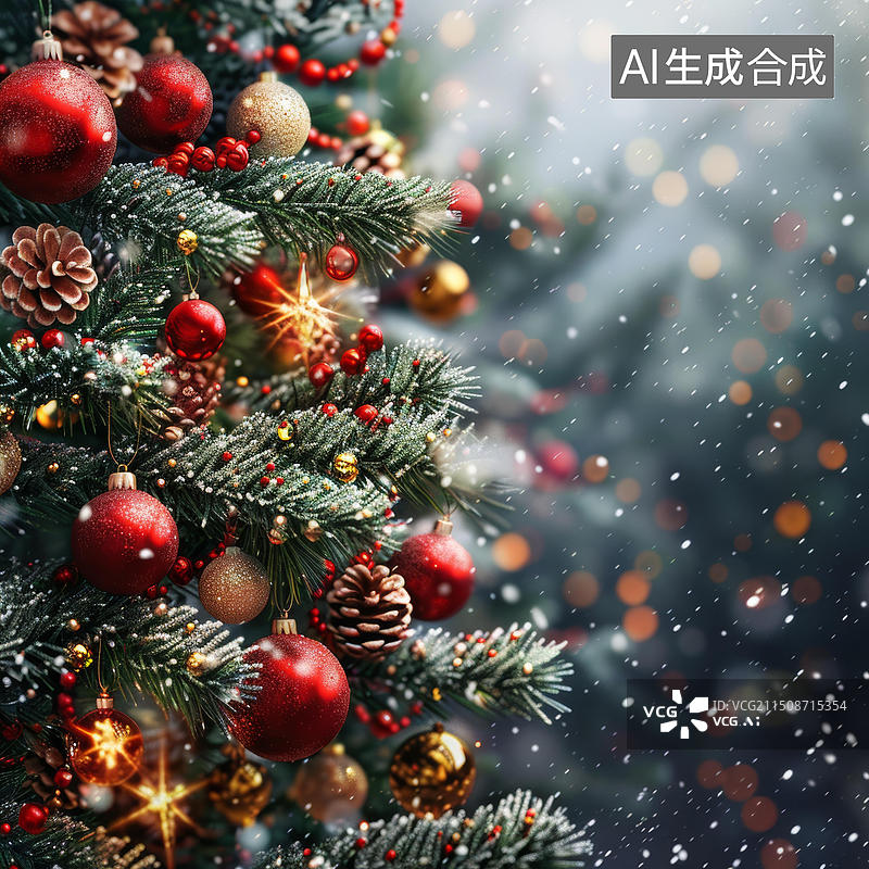 【AI数字艺术】圣诞树上的红色和金色装饰品在雪中闪闪发光图片素材