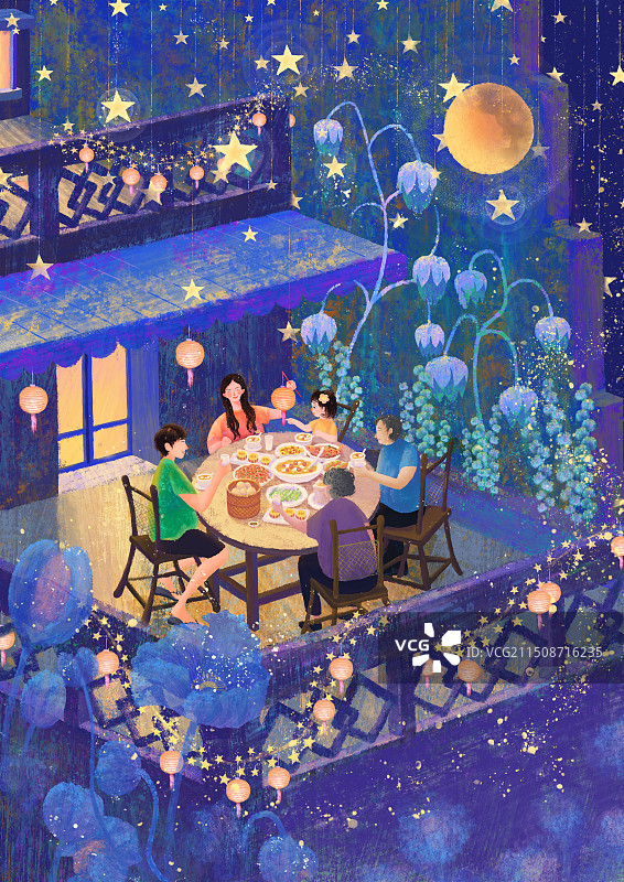 中秋节花好月圆，一家人吃团圆饭图片素材