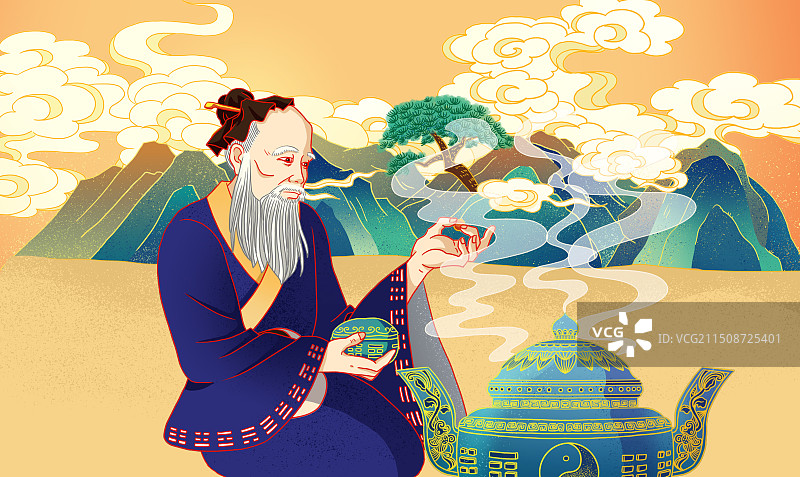 插画手绘国潮风丹炉老人医生坐姿山林祥云日景图片素材