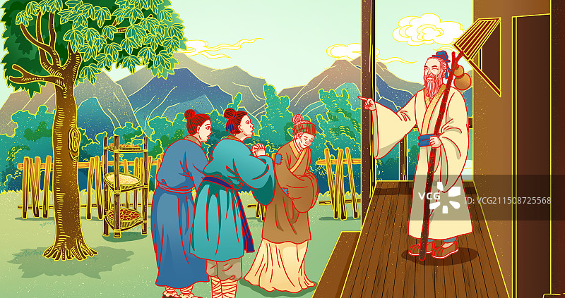 插画手绘国潮风古代庭院中医名医和患者交谈男女老人青年室外日景图片素材