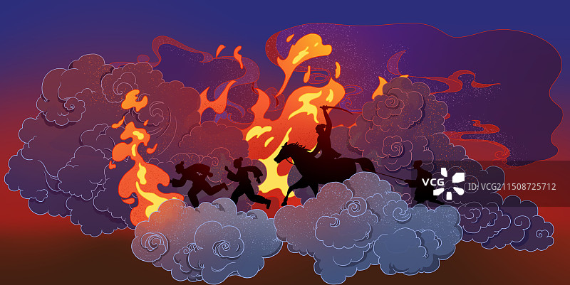 插画手绘国潮风战争紫红色氛围人物跑骑马人打仗烟雾火光场景图片素材