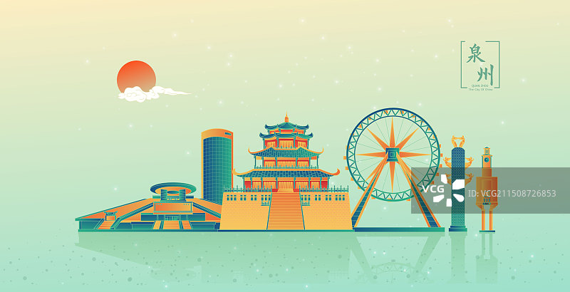 泉州中国风绿色城市简约大气建筑地标图片素材