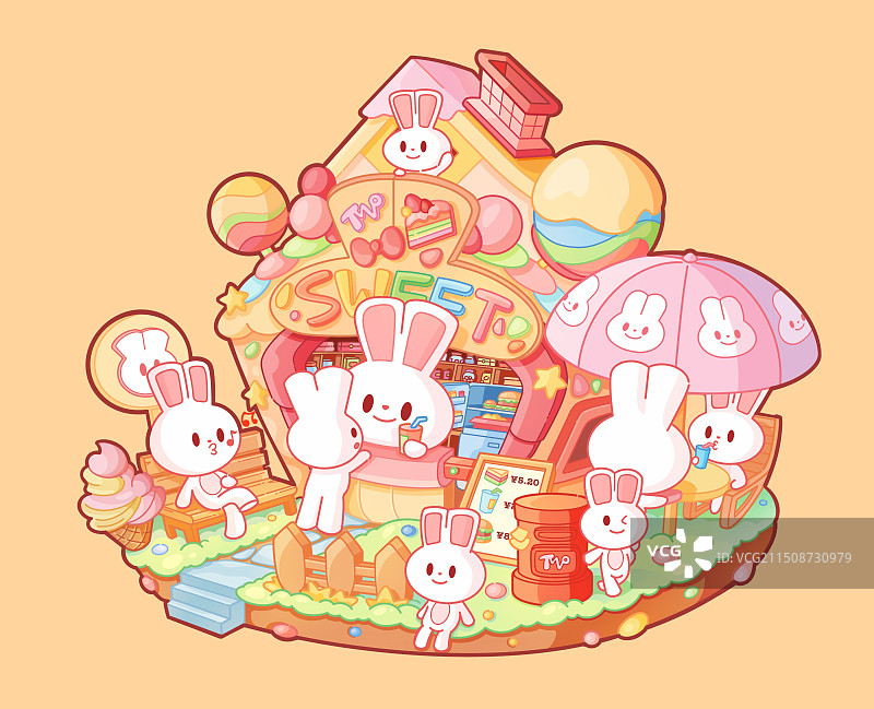 可爱的卡通兔子糖果屋插图图片素材