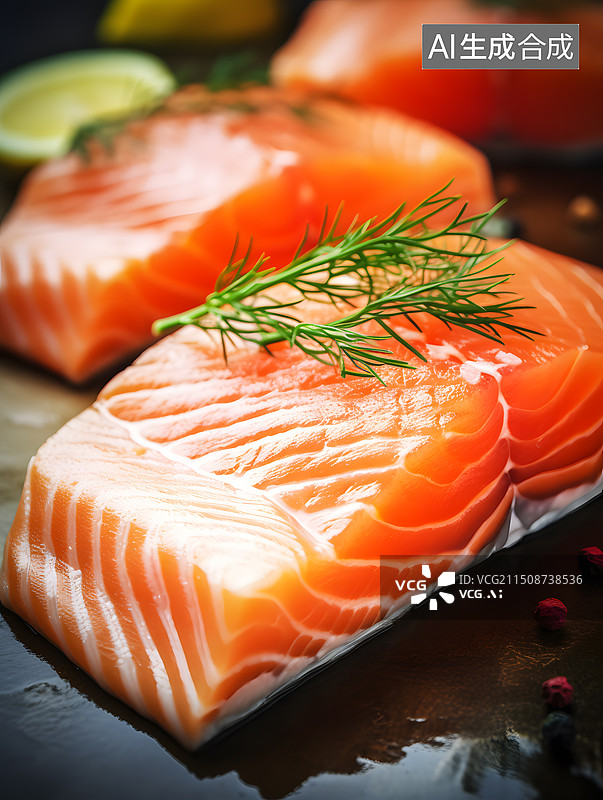 【AI数字艺术】新鲜的三文鱼鱼片点缀柠檬和薄荷图片素材