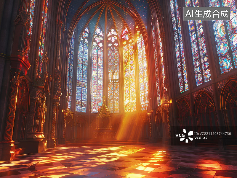【AI数字艺术】阳光下的欧洲教堂室内摄影背景图图片素材