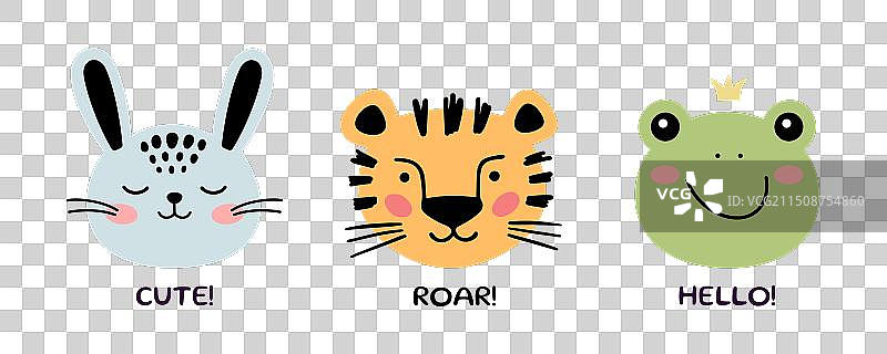 涂鸦风格的小青蛙、兔子、老虎头图片素材