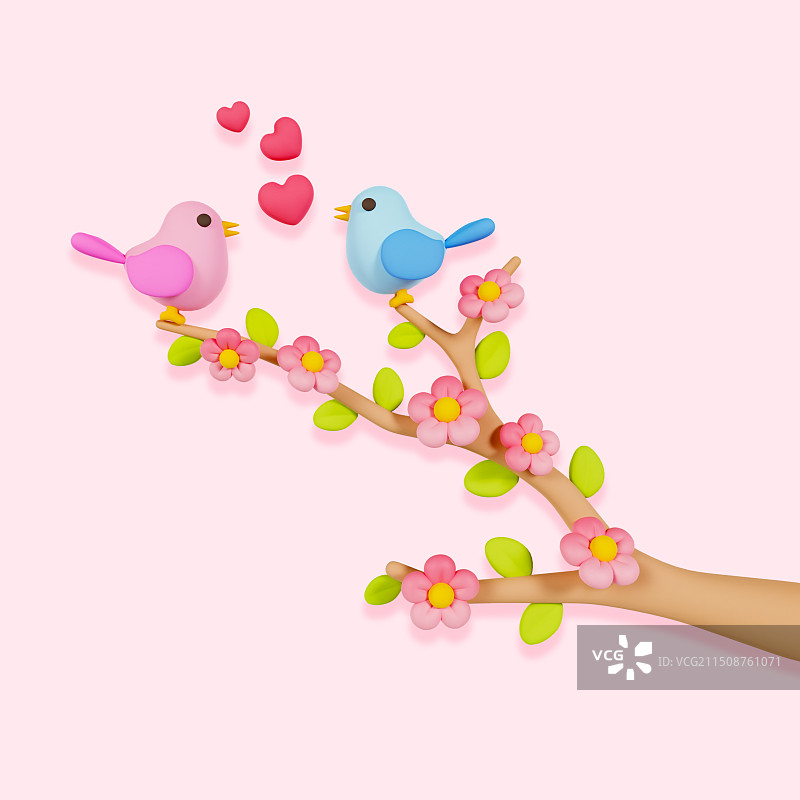 3D立体站在开满鲜花的树枝上告白的小鸟七夕节情人节喜鹊元素插画图片素材