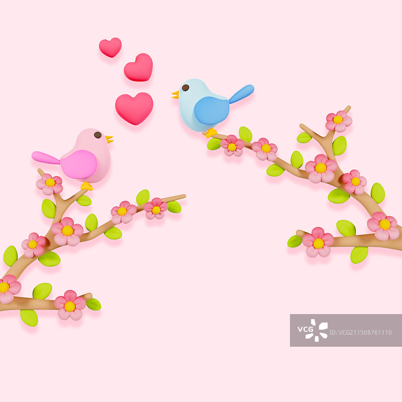3D立体站在开满鲜花的树枝上告白的小鸟七夕节情人节喜鹊元素插画图片素材