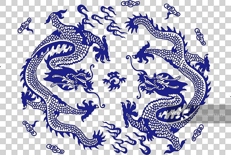 中国传统古典青花瓷双龙戏珠免扣纹样图片素材